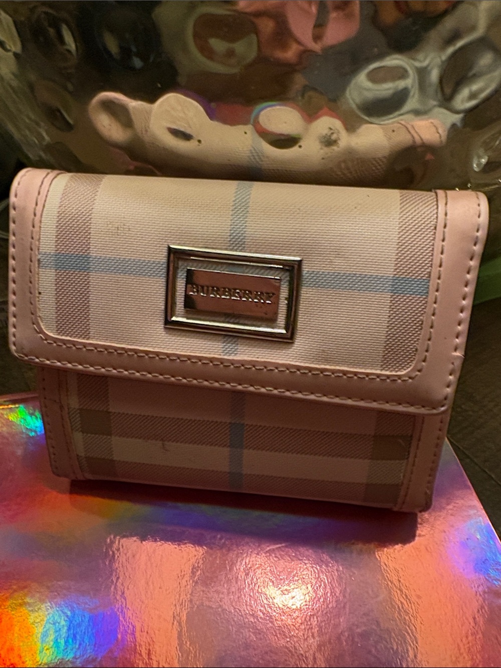 Burberry Pink Plaid Trifold Wallet with Silver Plaque